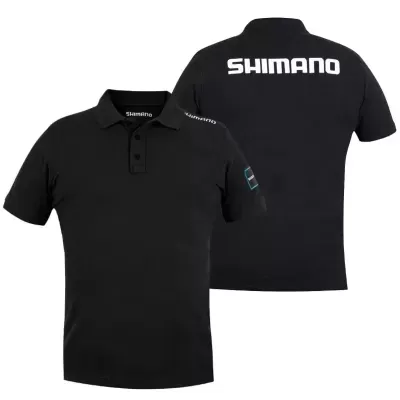 T-shirts polo pretas com logo SHIMANO branco nas costas e na gola