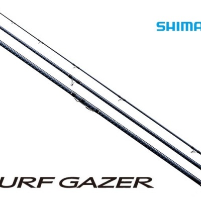 Cana de pesca preta de três partes com textos Shimano e Surf Gazer