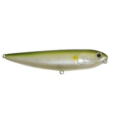 Isca de pesca artificial verde e prateada com textura fina e olho preto