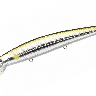 Isca de pesca prateada e amarela com textura escamada e barbela transparente