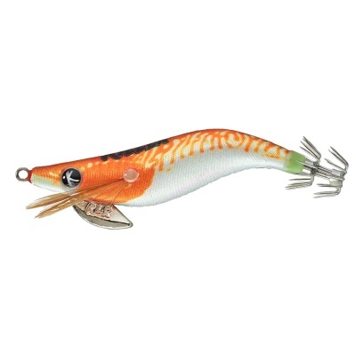 Isca de pesca artificial em forma de camarão com cores laranja, branco e verde