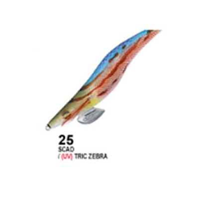 Isca de pesca em forma de lula colorida com texto '25 SCAD (UM) TRIC ZEBRA'