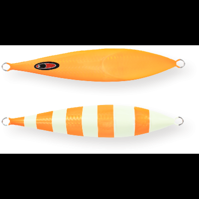 Dois anzóis metálicos para pesca, um laranja com detalhes em preto e vermelho e outro listrado em branco e laranja.