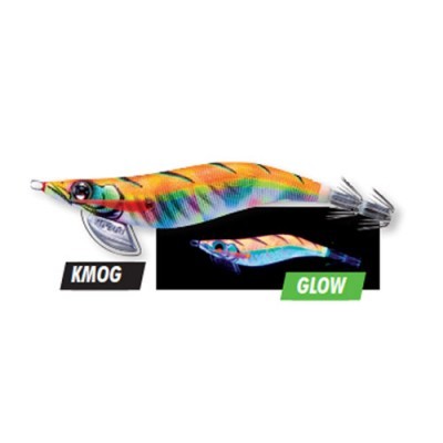 Isca de pesca colorida com padrão laranja, verde e azul com etiquetas KMOG e GLOW