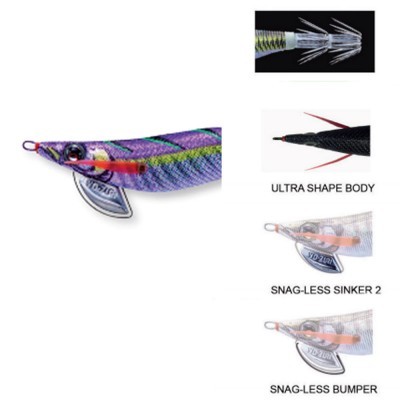 Isca de pesca roxa com detalhes verdes e pretos, vários olhos e anzóis