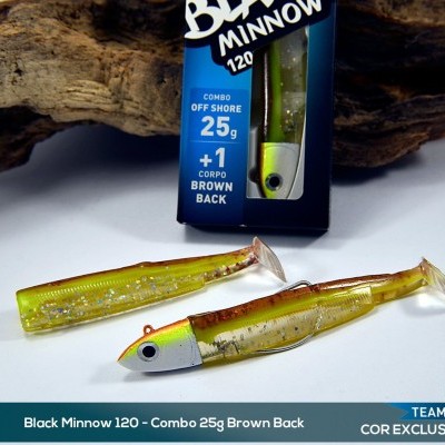 Isco artificial Black Minnow 120 castanho e amarelo com embalagem azul