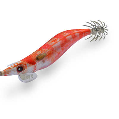 Isca de pesca vermelha e branca em forma de camarão com anzóis na parte traseira