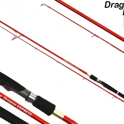 Cana de pesca Dragon EXPRESS vermelha com punho preto e detalhes prata