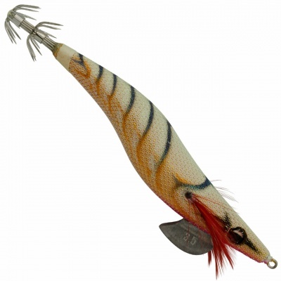 Isca de pesca em forma de lula com padrão laranja e preto e anzóis metálicos