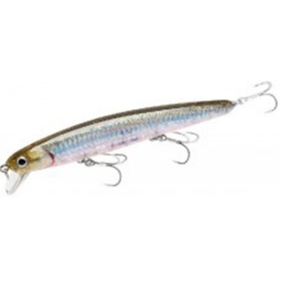 Isca de pesca crankbait prateada com reflexos iridescentes e três anzóis metalizados