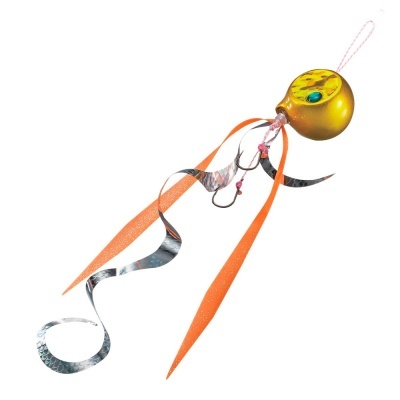 Isca artificial de pesca amarela com fitas laranja e prateadas e gancho