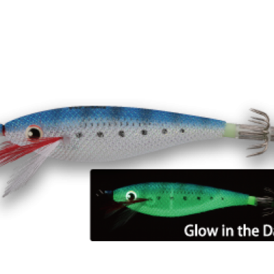 Isca de pesca azul e branca com penas e anzóis, mostrando efeito Glow in the Dark