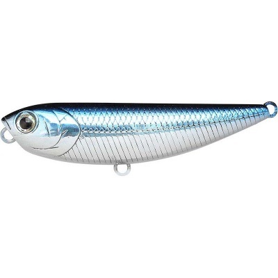 Isca artificial metálica prateada e azul para pesca com detalhes simulando escamas