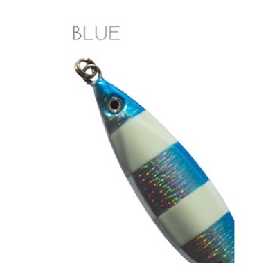 Isca de pesca azul e branca com brilho holográfico