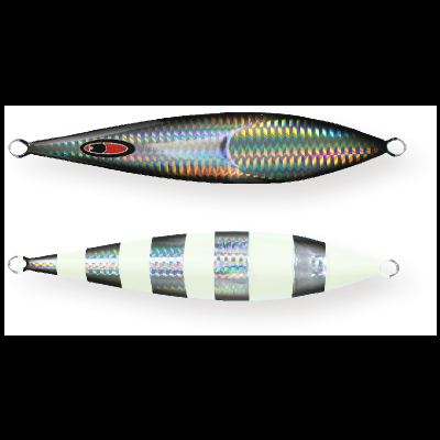 Duas iscas de pesca metálicas holográficas, uma com padrão de escamas e outra com faixas brancas.