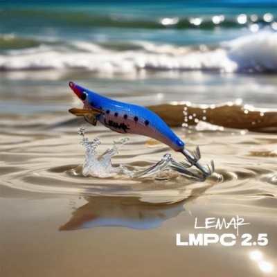 Isca de pesca azul, flutuando na água com texto LEMAR LMPC 2.5