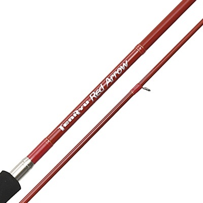 Duas partes de uma cana de pesca vermelha com texto branco e pega preta