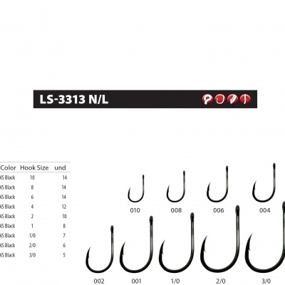 Conjunto de anzóis de pesca LS-3313 N/L preto em vários tamanhos