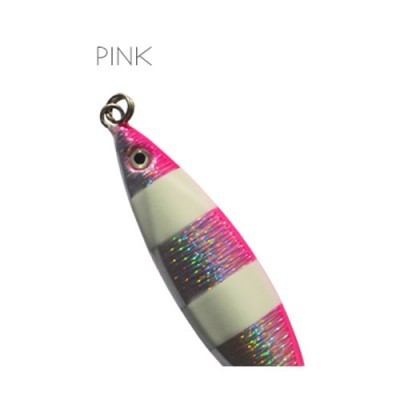 Isca de pesca rosa e branca com brilho, com anel metálico e texto PINK