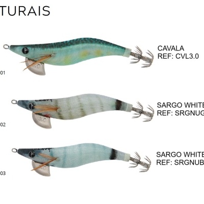Três iscas artificiais de pesca naturais com nomes e referências