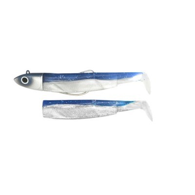 Isacas artificiais flexíveis azul e branco para pesca com cabeça cinzenta e olhos