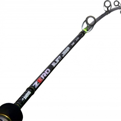 Vara de pesca preta com texto e anéis metálicos