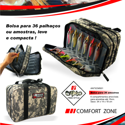 Bolsa camuflada para spinning com múltiplos compartimentos transparentes para amostras de pesca