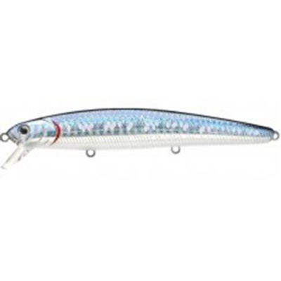 Isca de pesca jerkbait brilhante prateada e azul com detalhes vermelhos