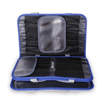 Estojo organizador com compartimentos e bordas azuis