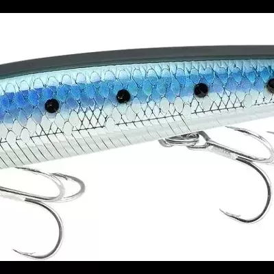 Isca de pesca em forma de peixe, azul e cinza, com três anzóis triplos