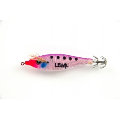 Isca de pesca tipo lula em cores rosa e vermelho com anzóis.