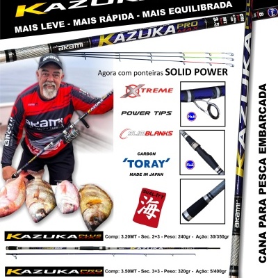 Canas de pesca Akami Kazuka Max e Kazuka Pro Max com detalhes e homem segurando cana e peixes