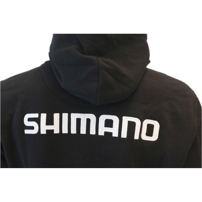 Casaco preto com capuz e logo SHIMANO branco nas costas