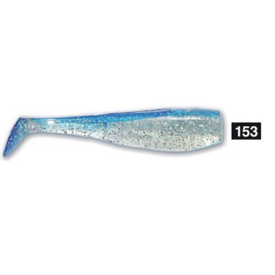 Isca artificial azul clara translúcida com brilhantes e cauda ondulada