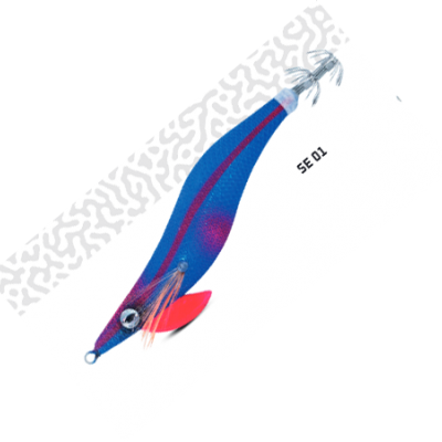 Isca de pesca imitação de lula azul e vermelha com penas coloridas e texto SE 01