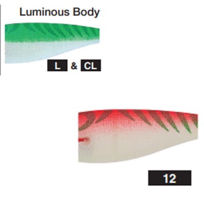 Corpos luminosos para iscos de pesca verdes e vermelhos com padrões listrados