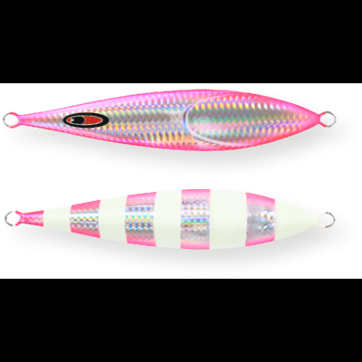 Dois iscos de pesca metálicos com efeito holográfico e detalhes rosa