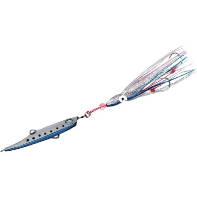 Isca de pesca metálica prateada e azul com appendice em forma de lula
