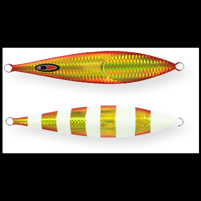 Dois iscos de pesca dourados com detalhes brancos e argolas metálicas.