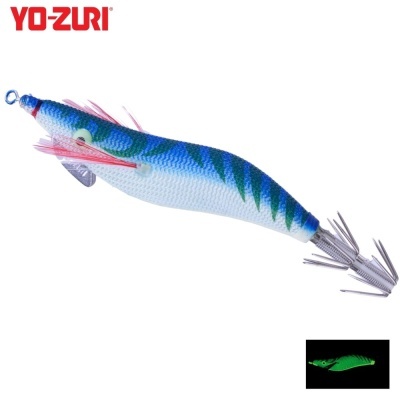 Isca de pesca YO-ZURI azul, branco e verde com anzóis e penas