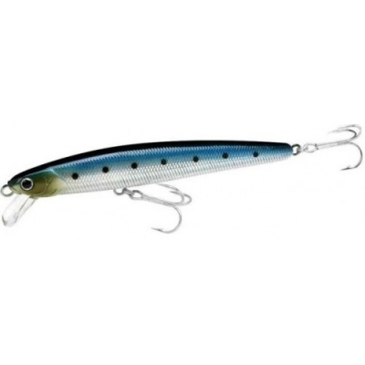 Isca de pesca artificial com corpo azul e prateado e dois anzóis duplos