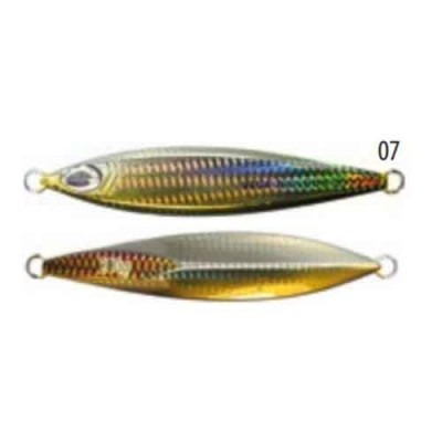 Dois anzóis de pesca iridescentes com argolas nas extremidades e marcação '07'