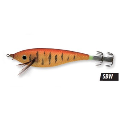 Isca artificial com corpo texturizado laranja e bege, olhos pretos, pintas pretas, e anzóis duplos, texto SBW
