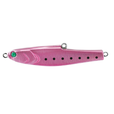 Isca de pesca articulada cor-de-rosa com pontos pretos e olho verde