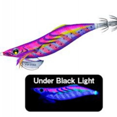 Isca para pesca em forma de lula colorida com padrões listrados e pontilhados