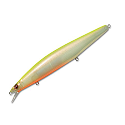 Isca de pesca artificial verde-limão, branco e laranja com olhos pintados