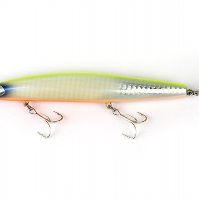 Isca de pesca alongada com três anzóis e bocal transparente