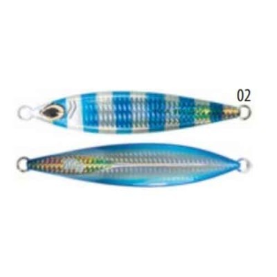 Dois anzóis de pesca metálicos em tons de azul com argolas nas extremidades