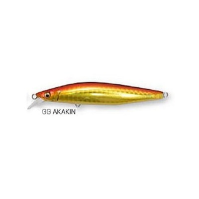 Isca de pesca minnow dourada e laranja com texto GG AKAKIN