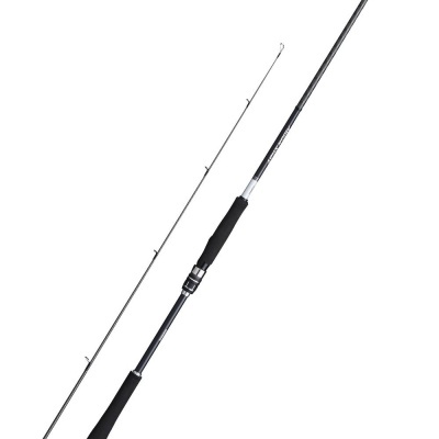 Cana de pesca cinzento escuro com cabo preto em duas partes